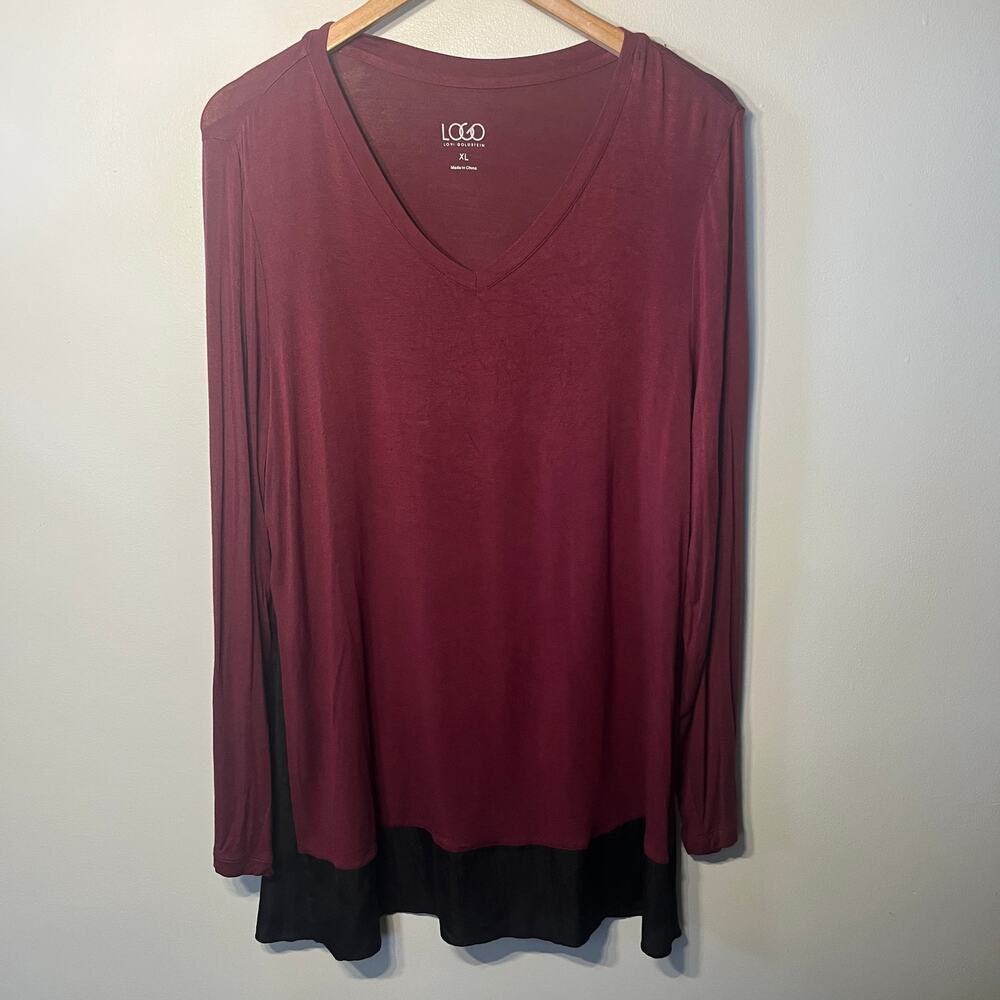 LOGO Lori Goldstein Tunic Burgundy Black V Neck Knit Comfy Casual Rayon XL